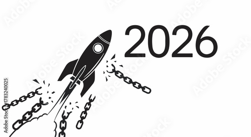 Rocket breaks free from chains, launching into the future year 2026 with speed and determination.