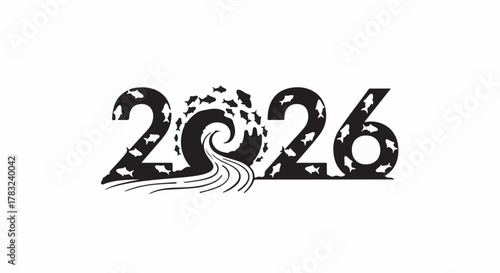 Year 2026 represented by a winding river and swimming fish, symbolizing progress and nature's flow.