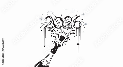 Champagne popping to celebrate the arrival of the year 2026 with festive fireworks.