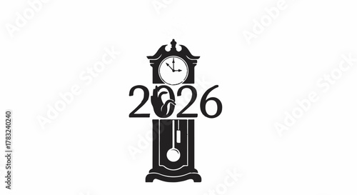 Grandfather clock silhouette displaying the year 2026, symbolizing future time and planning.