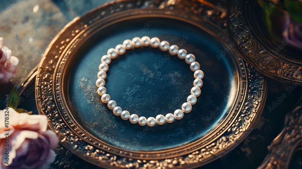 Fototapeta premium Elegant Pearl Necklace in Vintage Mirror Frame, Luxury Accessory