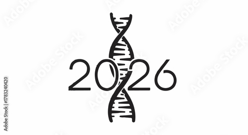 DNA helix intertwined with the year 2026, symbolizing future scientific advancements and genetic research.