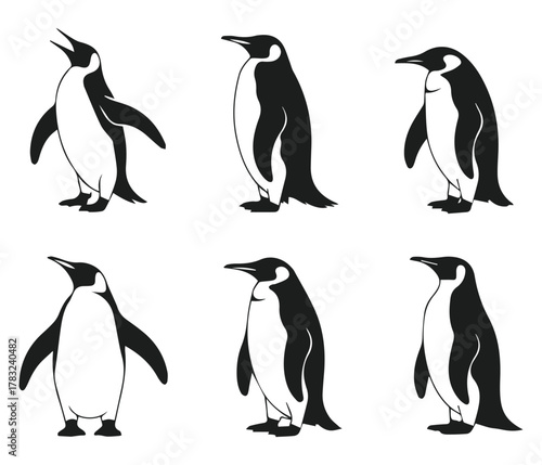 vector set of penguin silhouettes in standing positions