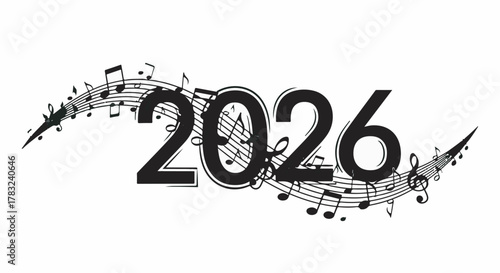 New Year's Eve countdown with musical notes and elegant year 2026