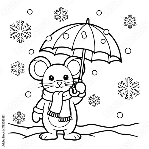 Cute cartoon mouse holding umbrella in snowy winter weather vector illustration vector