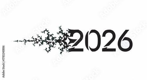 Year 2026 stylized with abstract disintegration effect, symbolizing change and future.