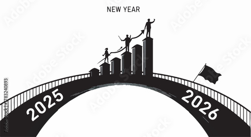 Silhouettes of people celebrating progress and reaching goals on a bridge marking the transition to a new year.