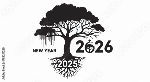Yearly growth and transition visualized with a tree and roots representing new beginnings and passing time.