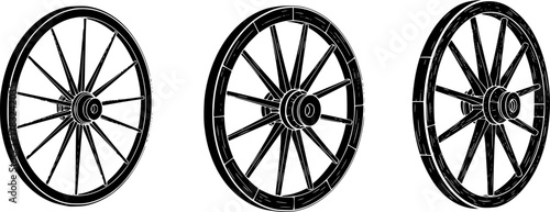 a variety of wheel designs, wooden or iron wheel, detailed construction, black and white