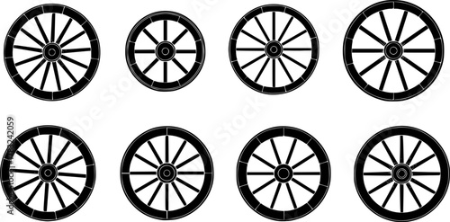 a variety of wheel designs, wooden or iron wheel, detailed construction, black and white