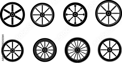 a variety of wheel designs, wooden or iron wheel, detailed construction, black and white