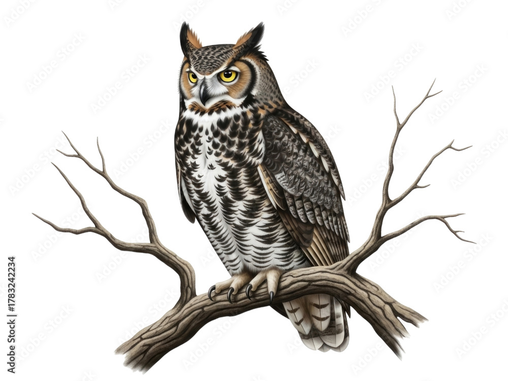 Obraz premium Great horned owl on a branch transparent background cutout png