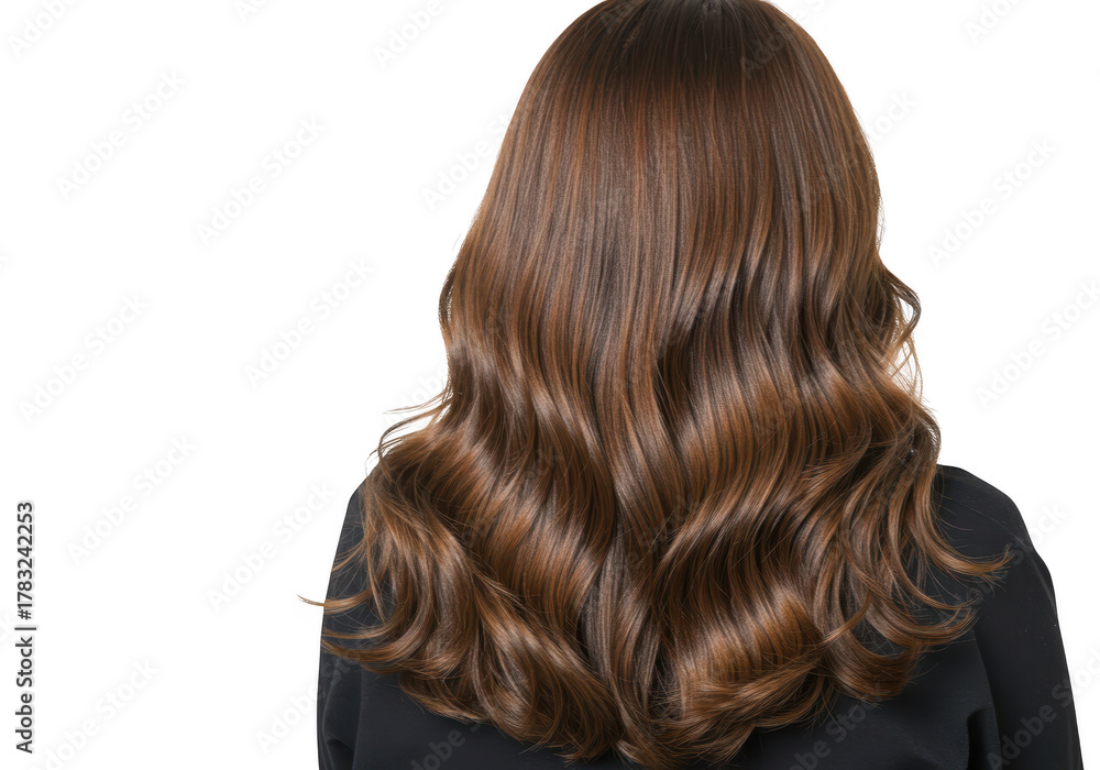 Fototapeta premium Woman's long wavy brown hair captured from the back beautifully styled and glossy transparent background