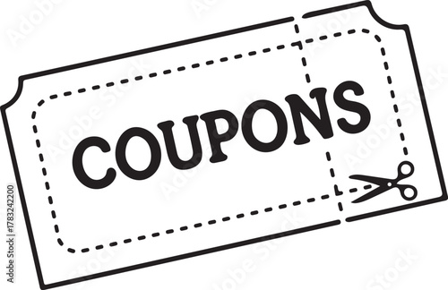 Black and white coupon illustration representing savings deals and promotions for customers to use at retail stores or online for discounts and budget management