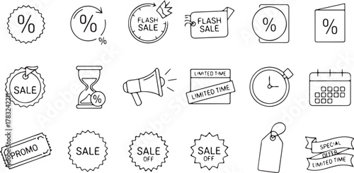 Collection of Discount and Promotion Icons for Marketing Campaigns and Sales Events Black and White Simple Line Art Style Perfect for E Commerce Advertising and Retail Design