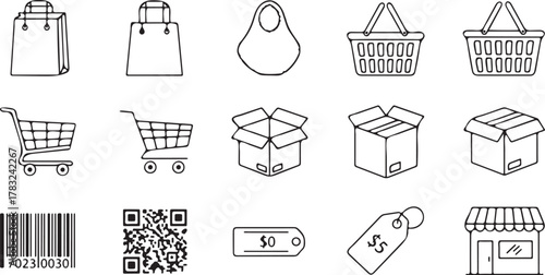 Shopping Icons Set Vector Illustration with Bags Carts Baskets Boxes Barcode QR Code Price Tags and Storefront Black and White Outline Style for Commercial Use