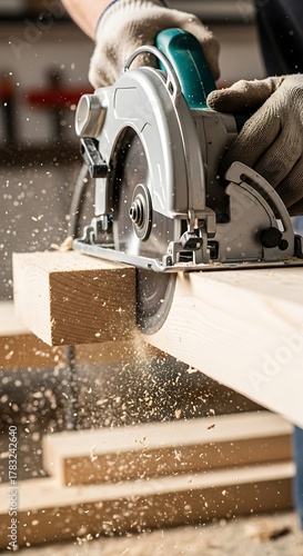 Carpenter Using Circular Saw to Cut Wood.