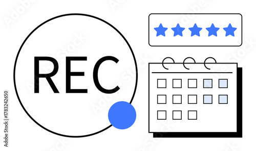 Recording indicator with REC text, blue dot, five-star rating bar, and calendar graphic. Ideal for scheduling, feedback, reviews, media content, productivity planning simple flat metaphor