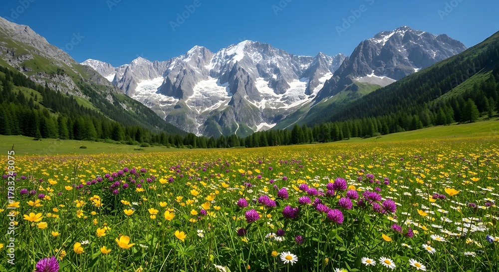 Fototapeta premium Vibrant Mountain Meadow A Picturesque Landscape of Wildflowers Under a Blue Sky