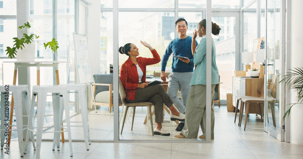 Fototapeta premium Creative, business people and high five in office for success, goal achievement and target. Happy team, startup and celebration with employees for milestone, support or reward with tablet in company