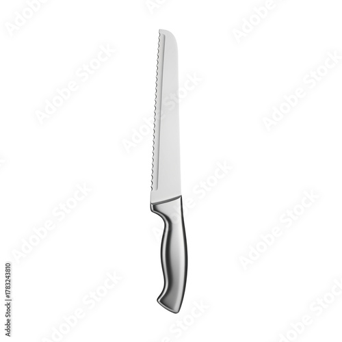 a sharp serrated bread knife with a silver handle, isolated on a transparent background, ideal for slicing bread