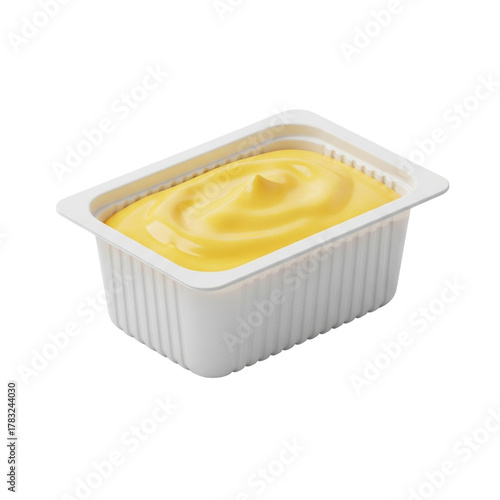 a small white rectangular container filled with creamy yellow sauce or dip, isolated on transparent background, ideal for food service or condiments