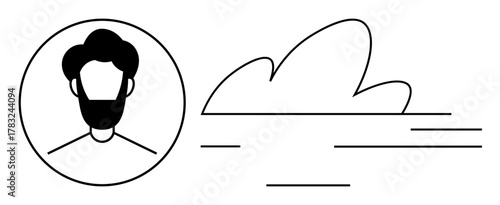Simplistic face portrait within a circle beside a stylized cloud and lines, suggesting concepts thumbs up identity, technology, connection, data, cloud computing, networking, and minimalism. Ideal