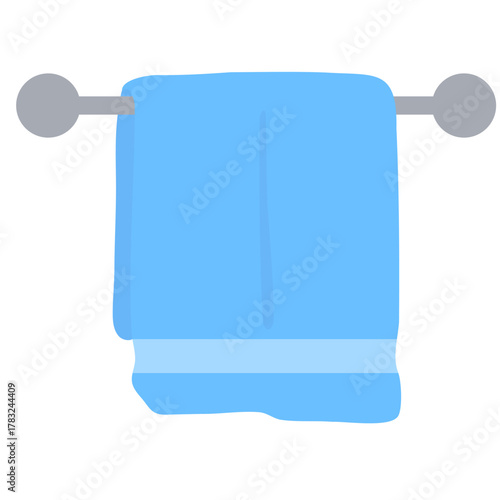 Blue towel hanging on a towel bar. Bathroom accessory or home decor item for cleanliness and hygiene concept.