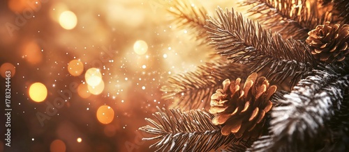 Snowy branches of pine cones against the backdrop of a warm sunset. Ideal for Christmas or New Year designs.