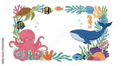 A charming cartoon illustration of an underwater border frame with cute marine animals and colorful coral reefs on a white background.