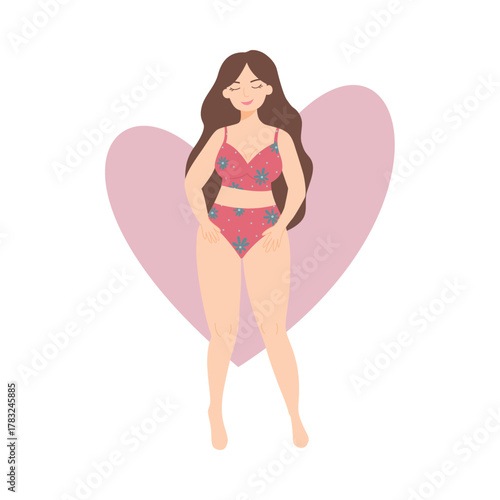 Body positive woman in floral underwear, self love and confidence concept, flat vector illustration