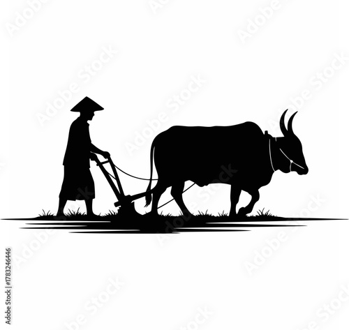 Vector silhouette of a farmer plowing a traditional rice field using a buffalo isolated with a white background