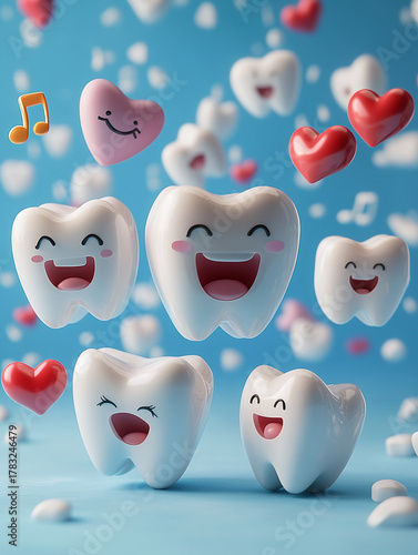 A cheerful cartoon tooth character with a happy expression is surrounded by floating musical notes and pink hearts against a bright, gradient blue background.
