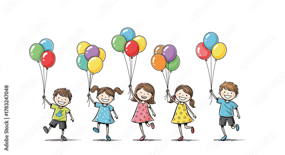 Fototapeta premium A whimsical illustration of five happy children, two boys and three girls, holding colorful balloons and moving with joyful energy against a clean white backdrop.