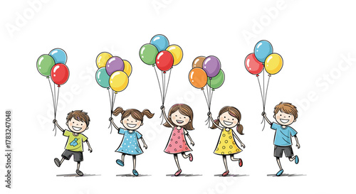 A whimsical illustration of five happy children, two boys and three girls, holding colorful balloons and moving with joyful energy against a clean white backdrop.
