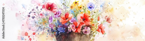 A delicate watercolor still life arrangement of freshly picked flowers in a rustic wooden vase  ,3D