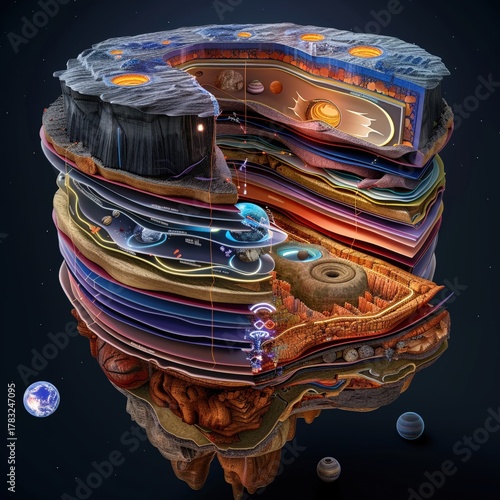 A detailed crosssection of a planet, revealing its layers and hidden resources, 3DCG , Prime Lenses