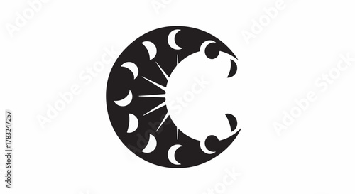 Celestial cycle of moon phases and sun illustration against white background