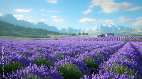 A digital painting of a vast field of lavender blooming in purple hues, with a quaint farmhouse nestled in the distance, 3DCG , 3D render