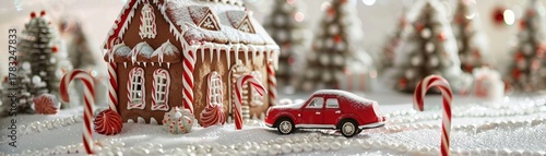 A festive gingerbread house decorated with candy canes, gumdrops, and frosting, perfect for a winter scene car smile