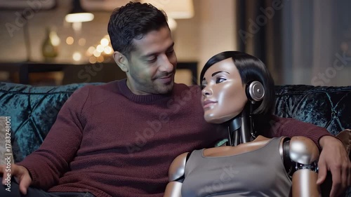 A man relaxes at home in a stylish living room, sharing a cozy moment with a lifelike robot companion. They engage in what seems like a heartfelt conversation.