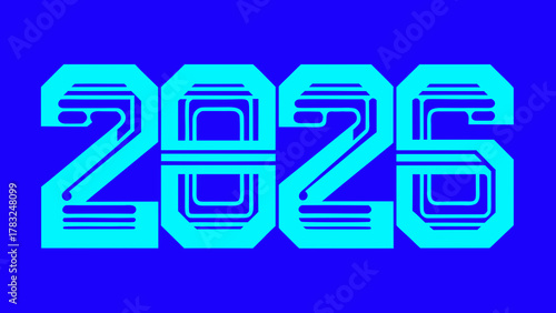 Futuristic cyan 2026 numbers displayed on a vibrant blue background with black borders