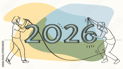 Two people work together to create the year 2026 with bold numbers and abstract shapes