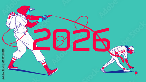 Two stylized baseball players interact with the large red numbers representing the year 2026 on a turquoise background