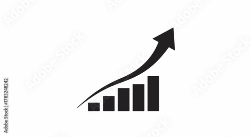 Black bar graph with upward trending arrow, symbolizing growth and progress.