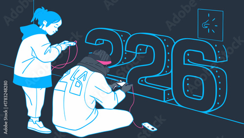 Two people wearing hoodies and headphones interact with a large glowing number 326 illuminated by a small clock icon on a dark background