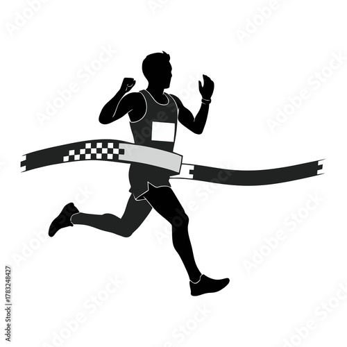 Vector silhouette of a marathon runner reaching the finish line isolated with a white background