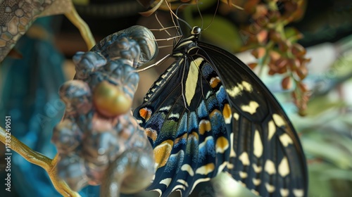 A photorealistic closeup of a butterfly emerging from its chrysalis, showcasing the miracle of transformation, 3DCG , digital photography