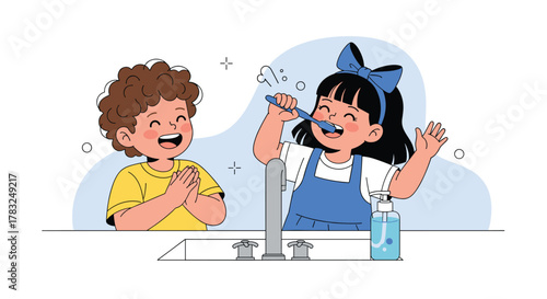 A happy little girl with a blue bow brushes her teeth at the sink while a smiling boy claps next to her during a fun morning routine.