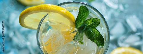 A refreshing glass of lemonade filled with ice cubes and a slice of lemon on the rim, adorned with mint leaves Business car